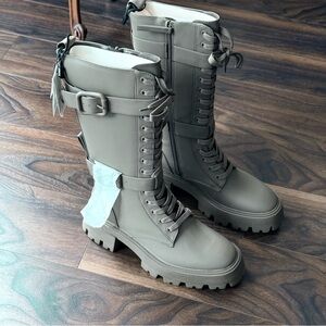 ZARA Khaki Military Waxed-Finish Lace-Up Boots Size 38 (US 7.5) NWT